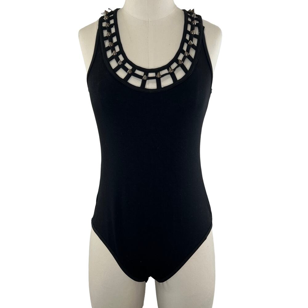NWT Reverse Black Spike Stud Necklace Cutout Sleeveless Bodysuit Scoop M Medium